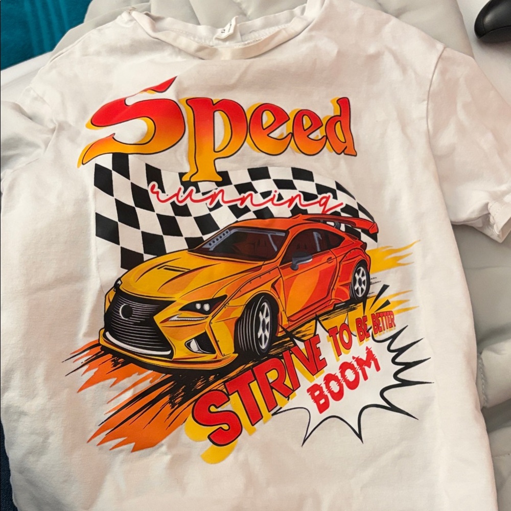 SHEIN White Tee with Speed Car Graphic